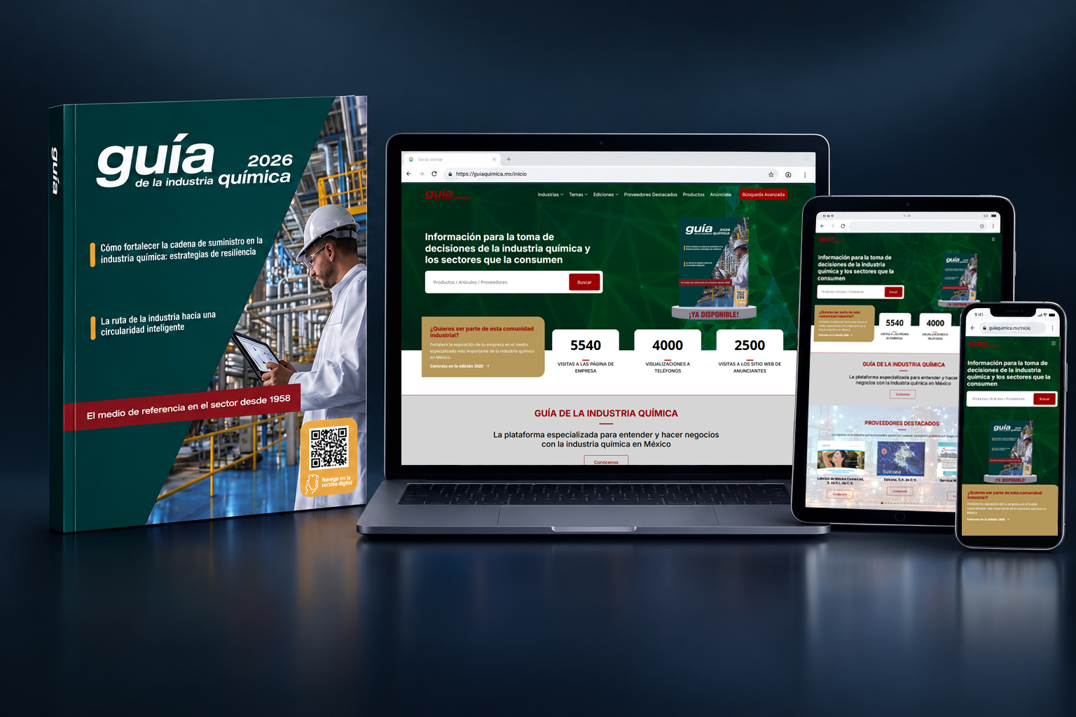 Edición impresa de la Guía de la Industria Química junto a laptop, tableta y celular mostrando guiaquimica.mx