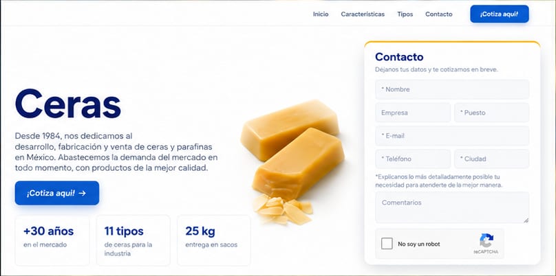 Landing renovada de ejemplo: diseño limpio, cifras clave, botón de cotización y formulario de contacto visible