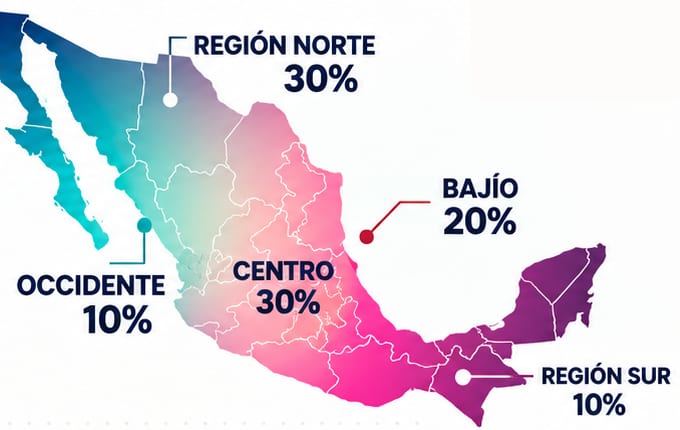 Mapa de México con la distribución de lectores: Región Norte 30%, Centro 30%, Bajío 20%, Occidente 10% y Región Sur 10%