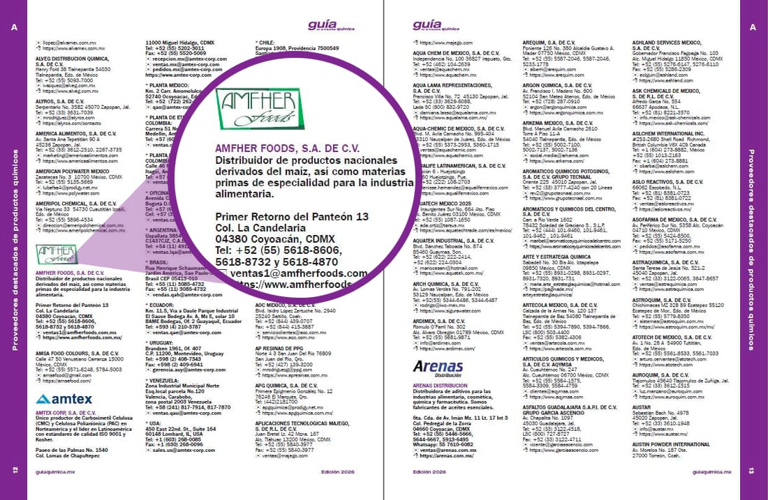 Página de la sección morada con proveedores destacados y sus datos de contacto