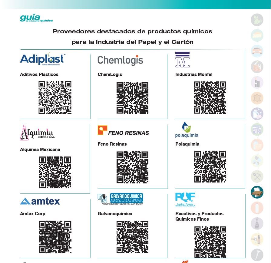 Página de proveedores destacados de productos químicos para un sector, con logotipos y códigos QR