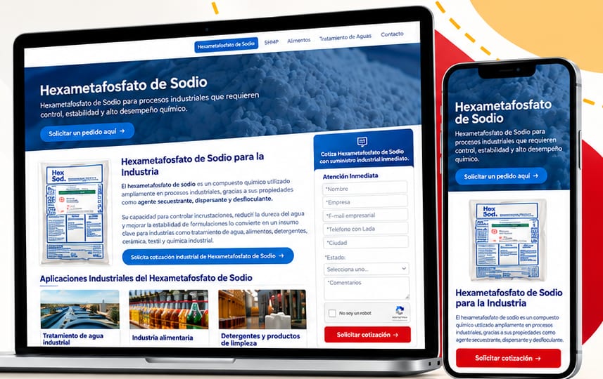 Página de producto de ejemplo en laptop y celular, con descripción, aplicaciones industriales y formulario de cotización