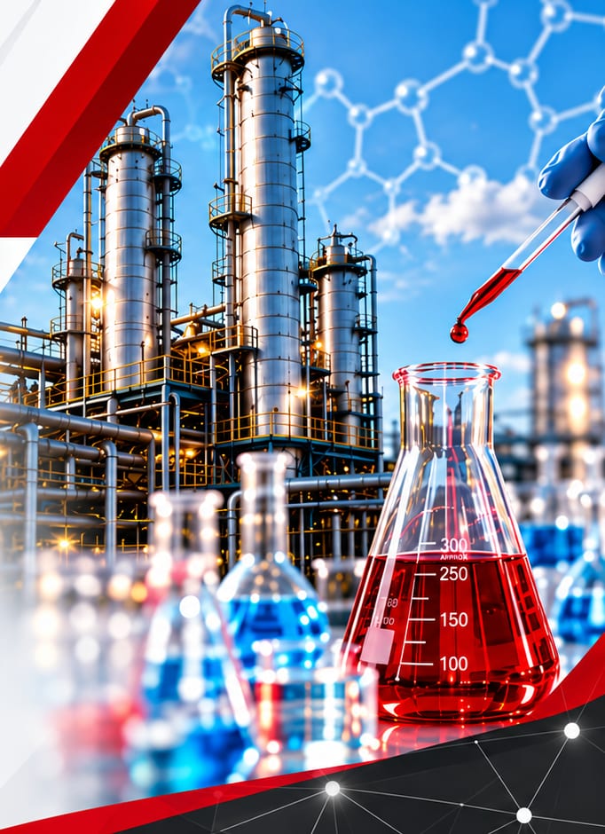 Torres de destilación de una planta química y material de laboratorio