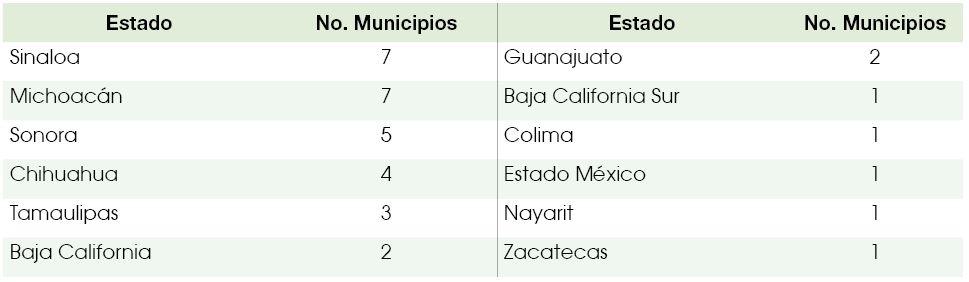 Número de municipios en principales estados productores